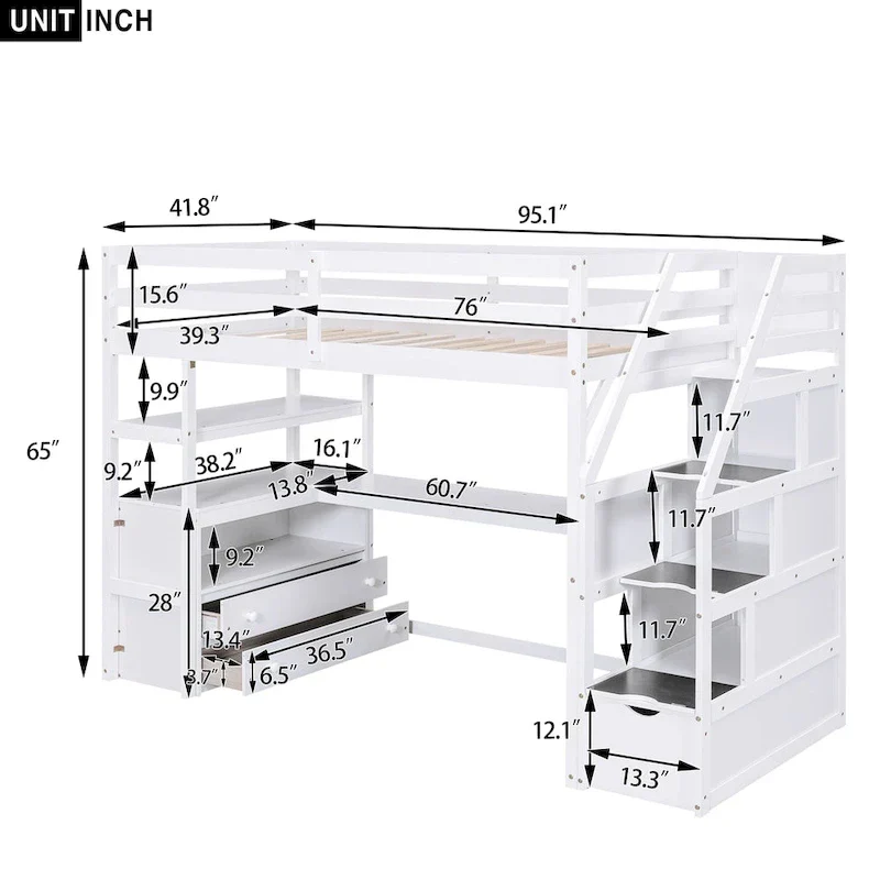 Lit mezzanine taille jumeau avec bureau et étagères, deux tiroirs intégrés, escalier de rangement