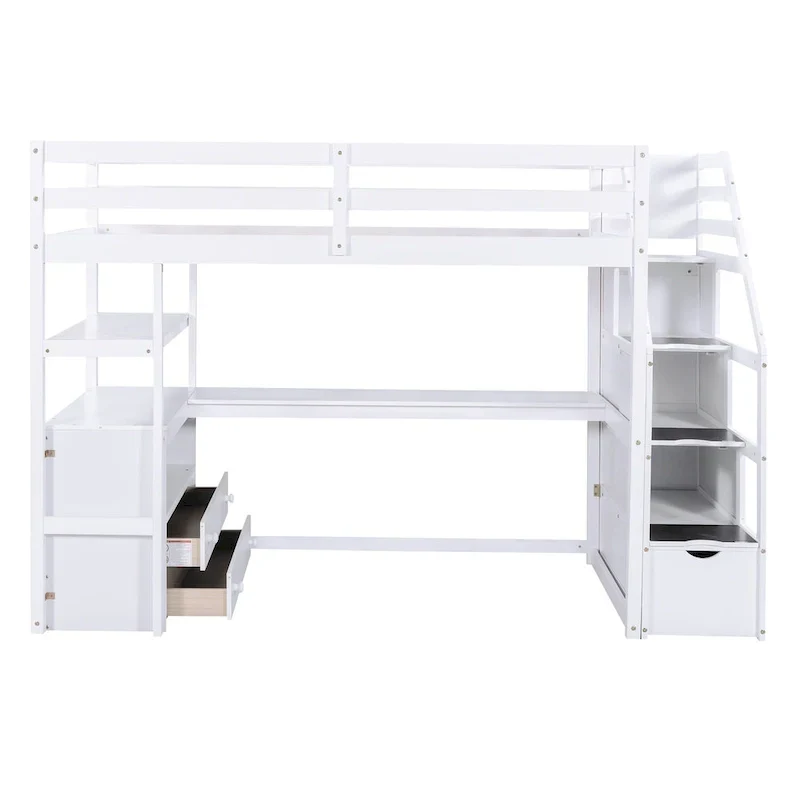 Lit mezzanine taille jumeau avec bureau et étagères, deux tiroirs intégrés, escalier de rangement