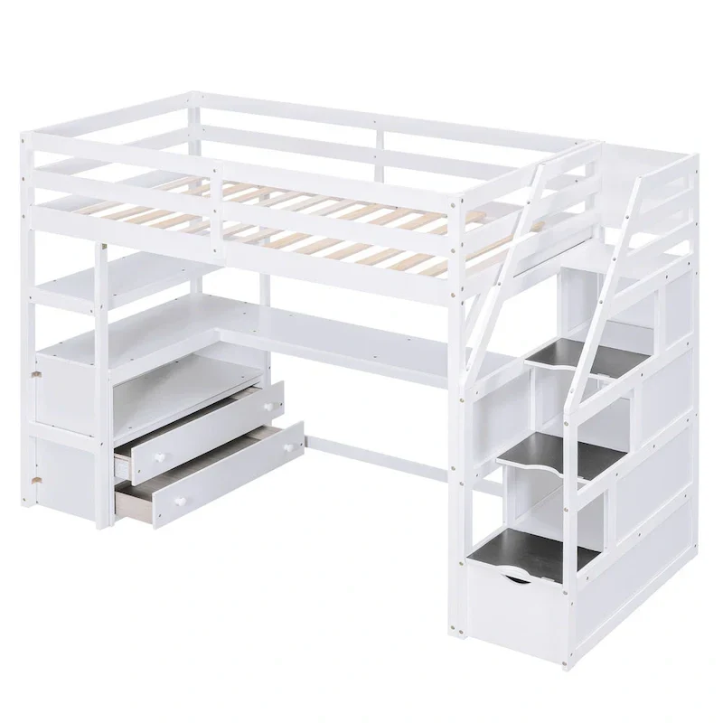 Lit mezzanine taille jumeau avec bureau et étagères, deux tiroirs intégrés, escalier de rangement