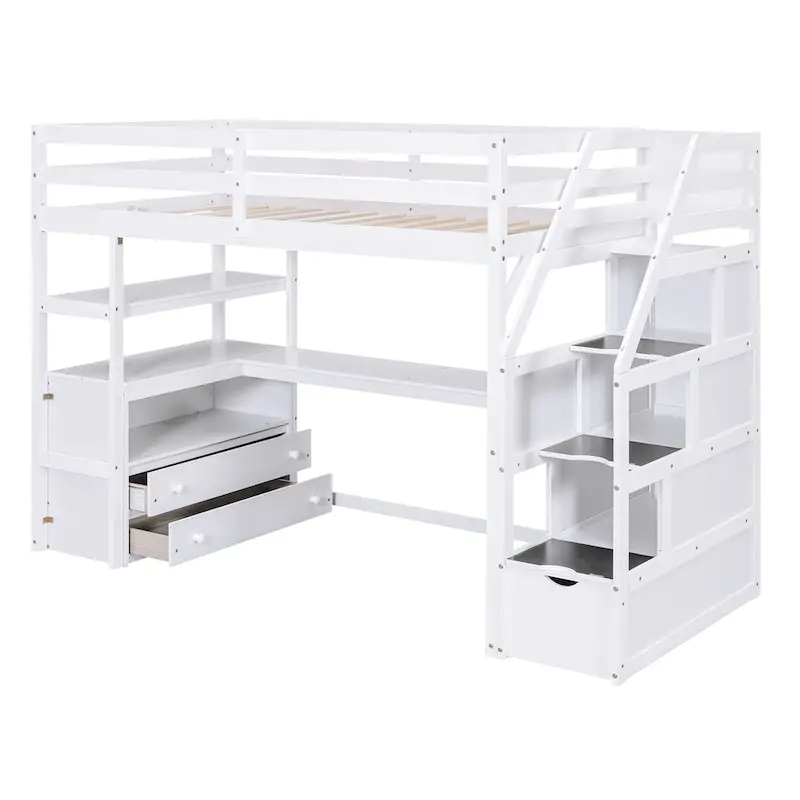 Lit mezzanine taille jumeau avec bureau et étagères, deux tiroirs intégrés, escalier de rangement