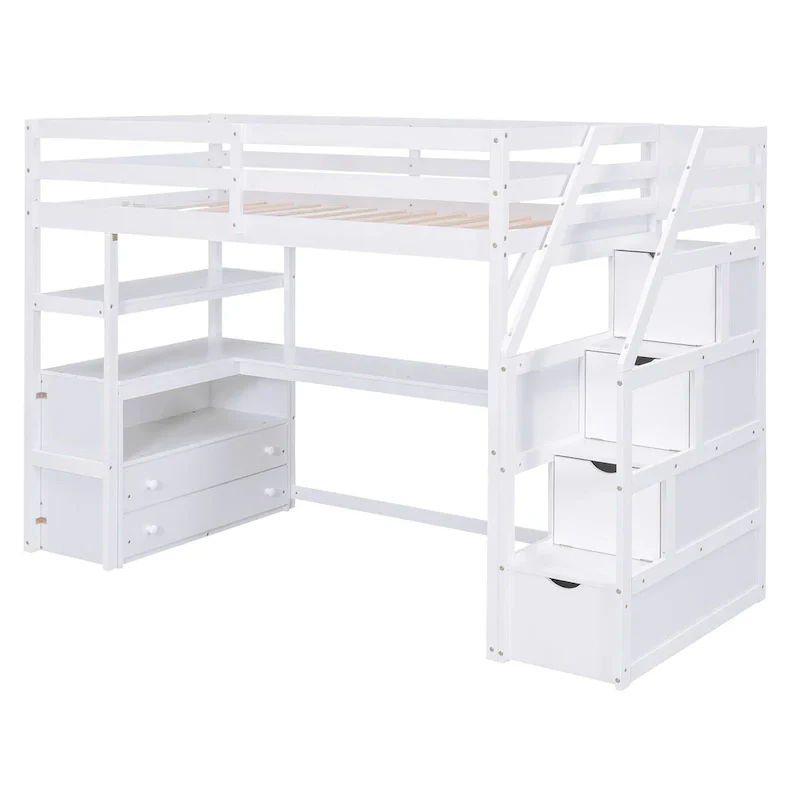 Lit mezzanine taille jumeau avec bureau et étagères, deux tiroirs intégrés, escalier de rangement