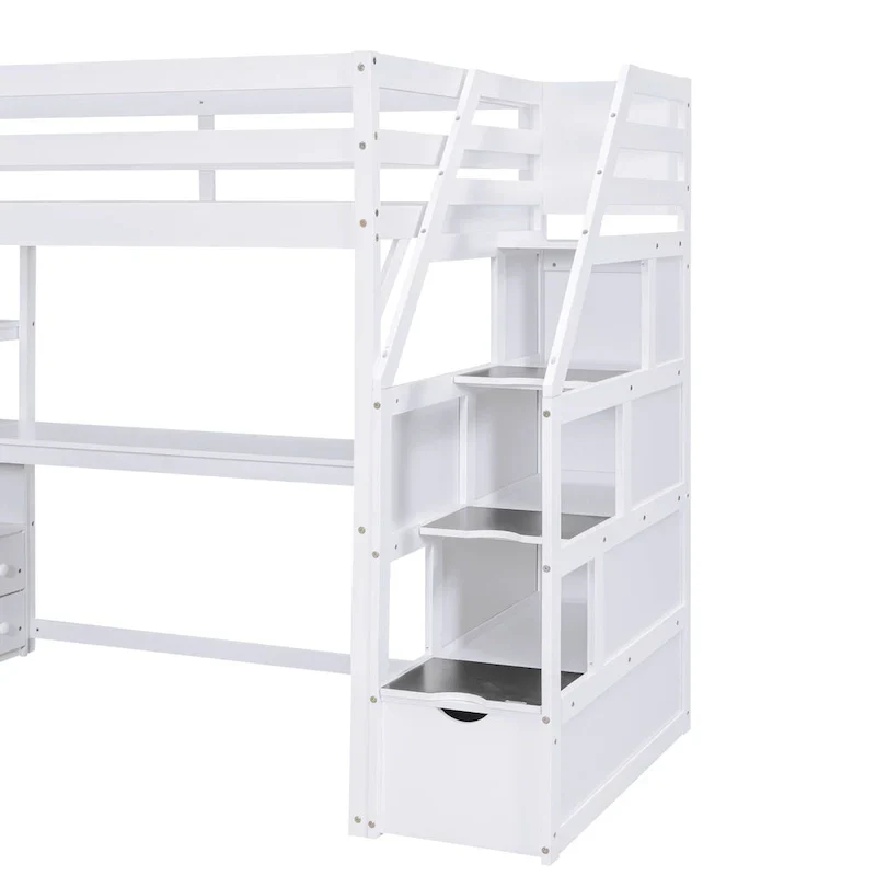 Lit mezzanine taille jumeau avec bureau et étagères, deux tiroirs intégrés, escalier de rangement
