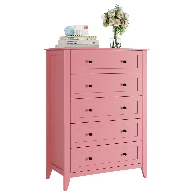 Commode à 5 tiroirs de 108 cm de haut pour chambre à coucher, armoire de rangement en bois avec tiroirs de 30 cm de profondeur et poignées en métal doré, idéale pour l'entrée ou le couloir