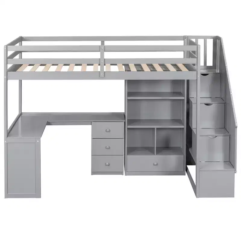 Lit mezzanine une place avec bureau en L, 3 tiroirs, placard, rangements intégrés dans l'escalier, en pin massif/MDF