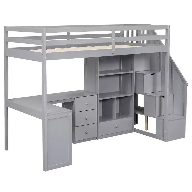 Lit mezzanine une place avec bureau en L, 3 tiroirs, placard, rangements intégrés dans l'escalier, en pin massif/MDF