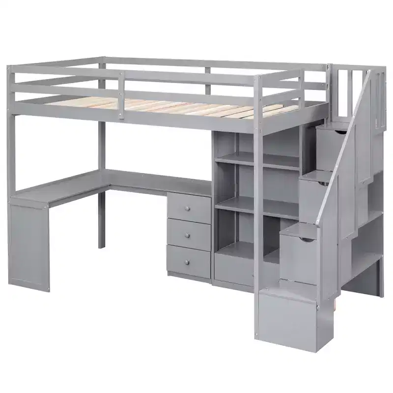 Lit mezzanine une place avec bureau en L, 3 tiroirs, placard, rangements intégrés dans l'escalier, en pin massif/MDF