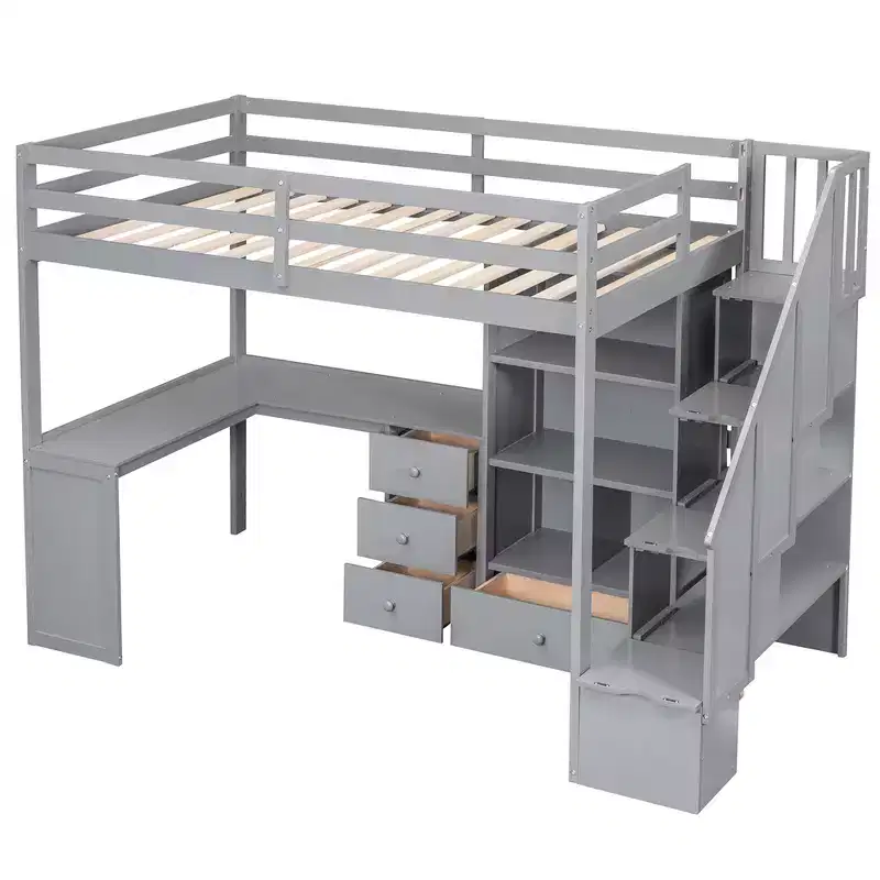 Lit mezzanine une place avec bureau en L, 3 tiroirs, placard, rangements intégrés dans l'escalier, en pin massif/MDF