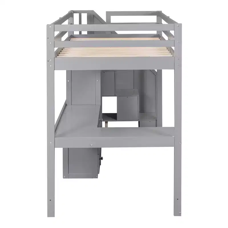 Lit mezzanine une place avec bureau en L, 3 tiroirs, placard, rangements intégrés dans l'escalier, en pin massif/MDF