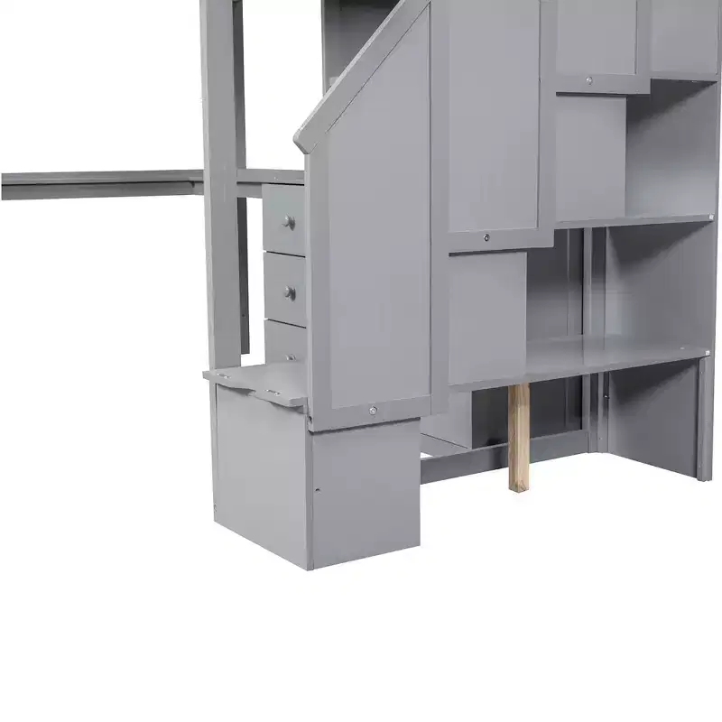 Lit mezzanine une place avec bureau en L, 3 tiroirs, placard, rangements intégrés dans l'escalier, en pin massif/MDF