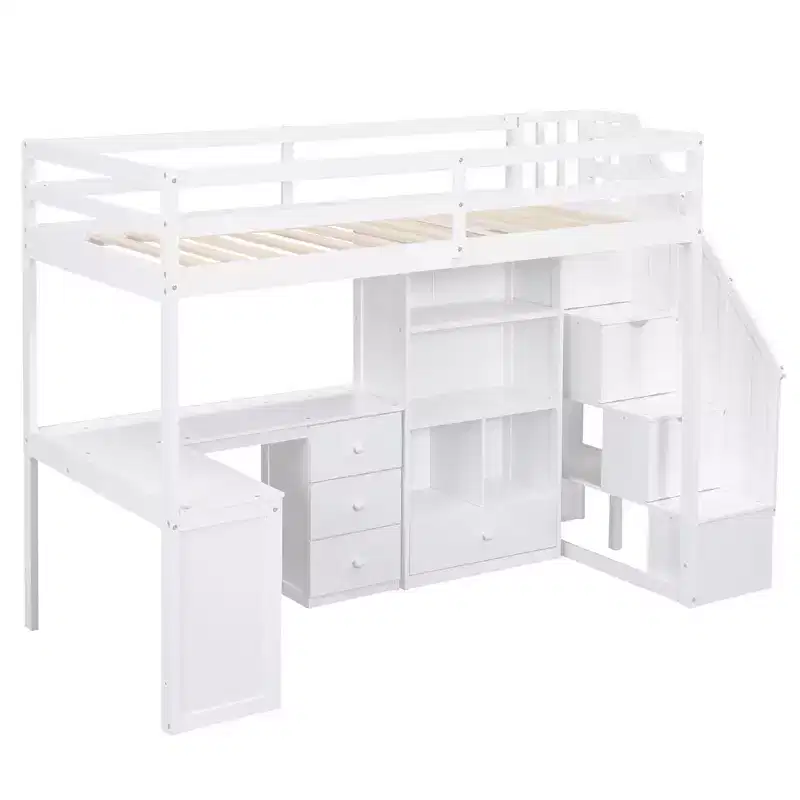 Lit mezzanine une place avec bureau en L, 3 tiroirs, placard, rangements intégrés dans l'escalier, en pin massif/MDF