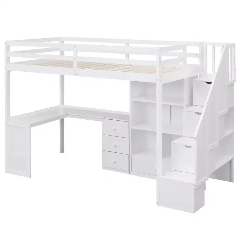 Lit mezzanine une place avec bureau en L, 3 tiroirs, placard, rangements intégrés dans l'escalier, en pin massif/MDF