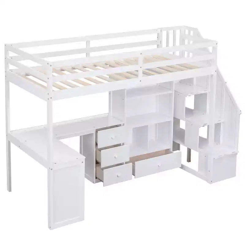 Lit mezzanine une place avec bureau en L, 3 tiroirs, placard, rangements intégrés dans l'escalier, en pin massif/MDF
