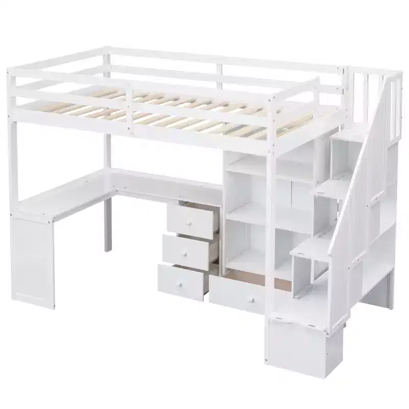 Lit mezzanine une place avec bureau en L, 3 tiroirs, placard, rangements intégrés dans l'escalier, en pin massif/MDF