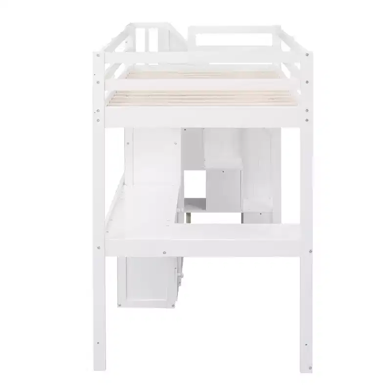 Lit mezzanine une place avec bureau en L, 3 tiroirs, placard, rangements intégrés dans l'escalier, en pin massif/MDF