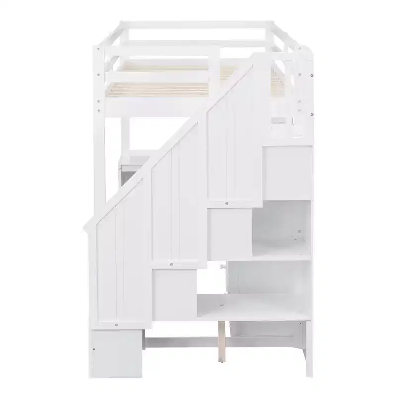 Lit mezzanine une place avec bureau en L, 3 tiroirs, placard, rangements intégrés dans l'escalier, en pin massif/MDF