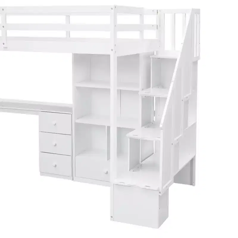 Lit mezzanine une place avec bureau en L, 3 tiroirs, placard, rangements intégrés dans l'escalier, en pin massif/MDF