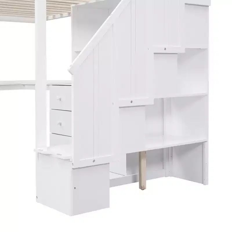 Lit mezzanine une place avec bureau en L, 3 tiroirs, placard, rangements intégrés dans l'escalier, en pin massif/MDF