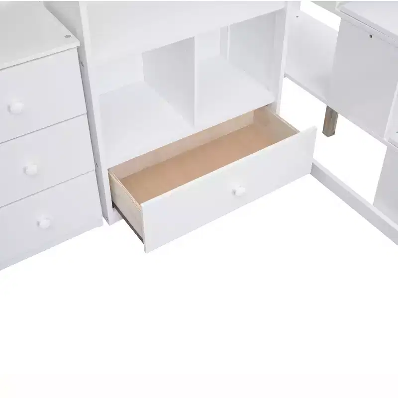 Lit mezzanine une place avec bureau en L, 3 tiroirs, placard, rangements intégrés dans l'escalier, en pin massif/MDF