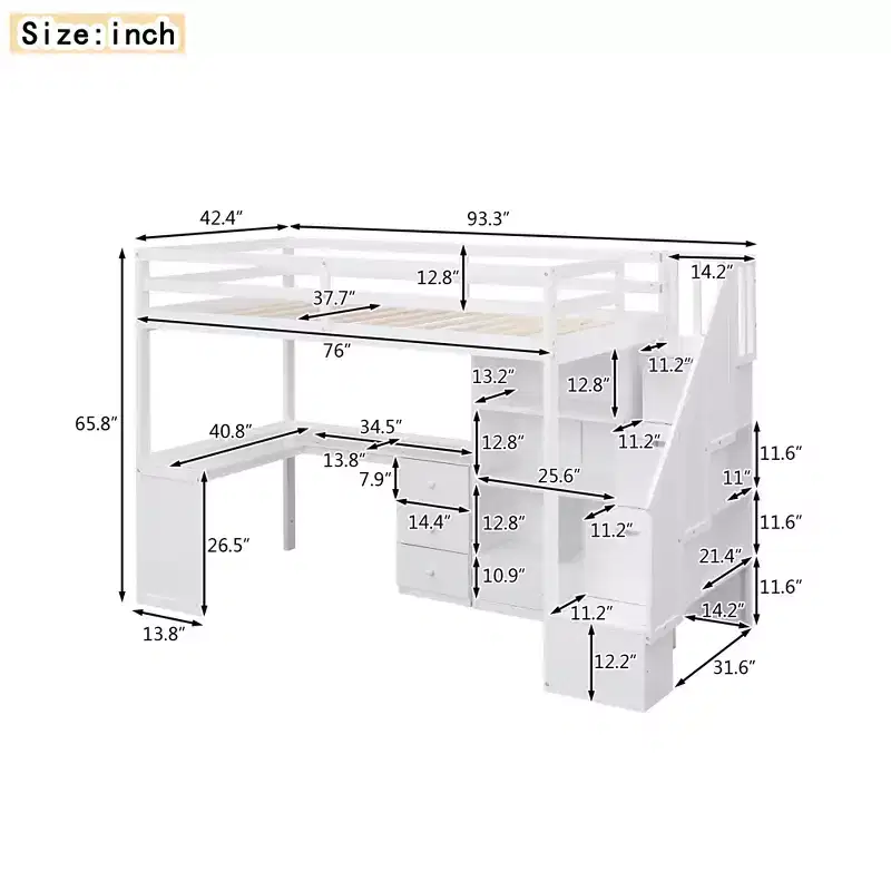 Lit mezzanine une place avec bureau en L, 3 tiroirs, placard, rangements intégrés dans l'escalier, en pin massif/MDF