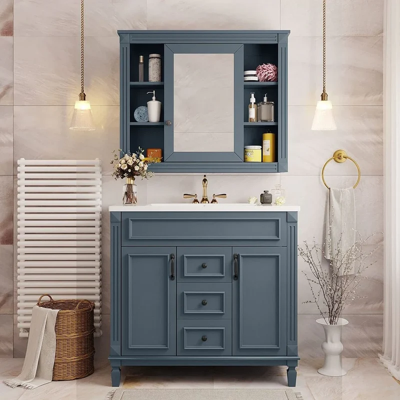 Meuble-lavabo de salle de bain moderne de 91 cm avec lavabo et armoire de toilette, 2 portes et 2 tiroirs