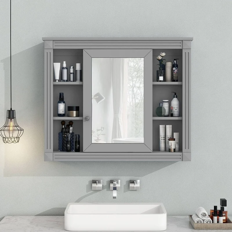 Meuble-lavabo de salle de bain moderne de 91 cm avec lavabo et armoire de toilette, 2 portes et 2 tiroirs