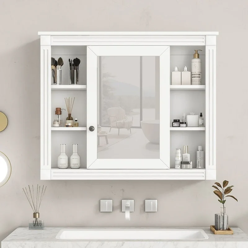 Meuble-lavabo de salle de bain moderne de 91 cm avec lavabo et armoire de toilette, 2 portes et 2 tiroirs