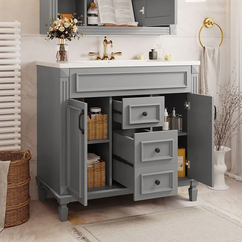 Meuble-lavabo de salle de bain moderne de 91 cm avec lavabo et armoire de toilette, 2 portes et 2 tiroirs
