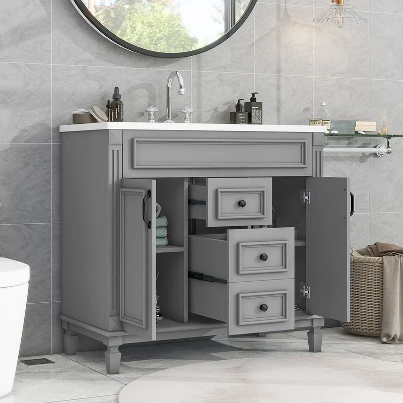 Meuble-lavabo de salle de bain moderne de 91 cm avec lavabo et armoire de toilette, 2 portes et 2 tiroirs