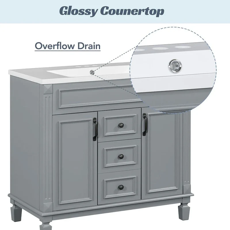 Meuble-lavabo de salle de bain moderne de 91 cm avec lavabo et armoire de toilette, 2 portes et 2 tiroirs