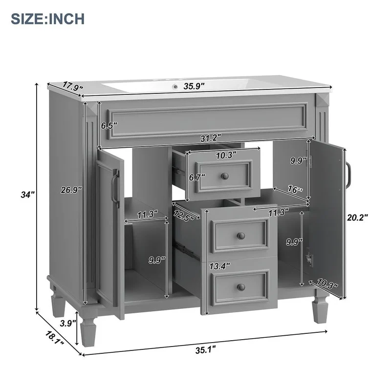 Meuble-lavabo de salle de bain moderne de 91 cm avec lavabo et armoire de toilette, 2 portes et 2 tiroirs
