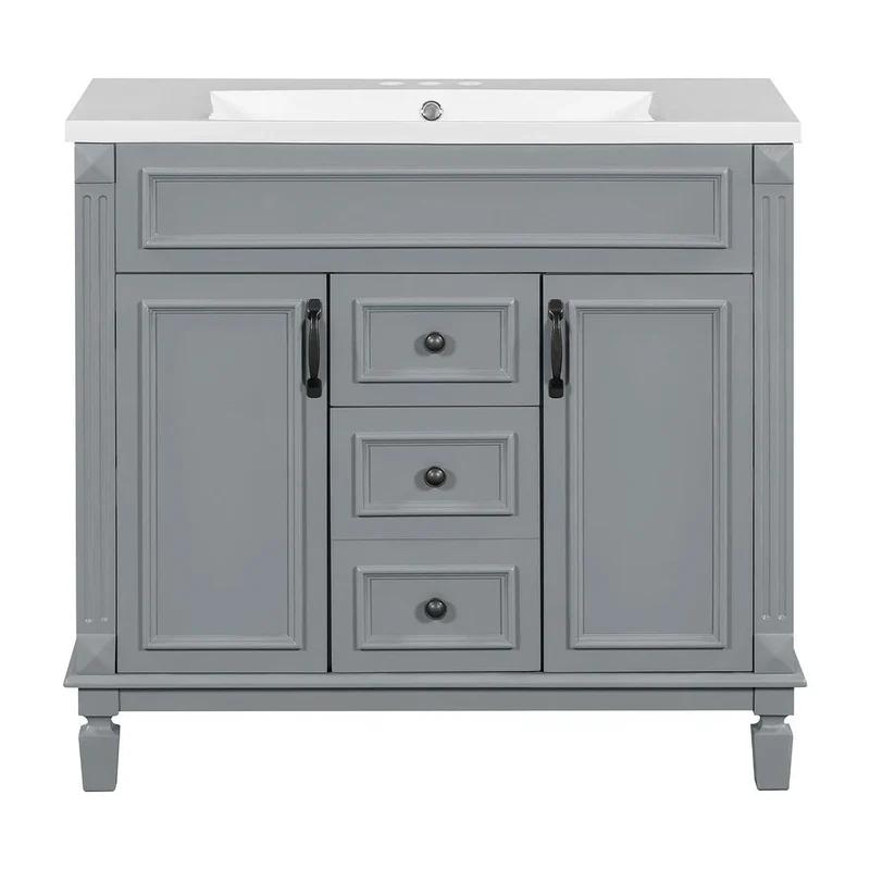 Meuble-lavabo de salle de bain moderne de 91 cm avec lavabo et armoire de toilette, 2 portes et 2 tiroirs