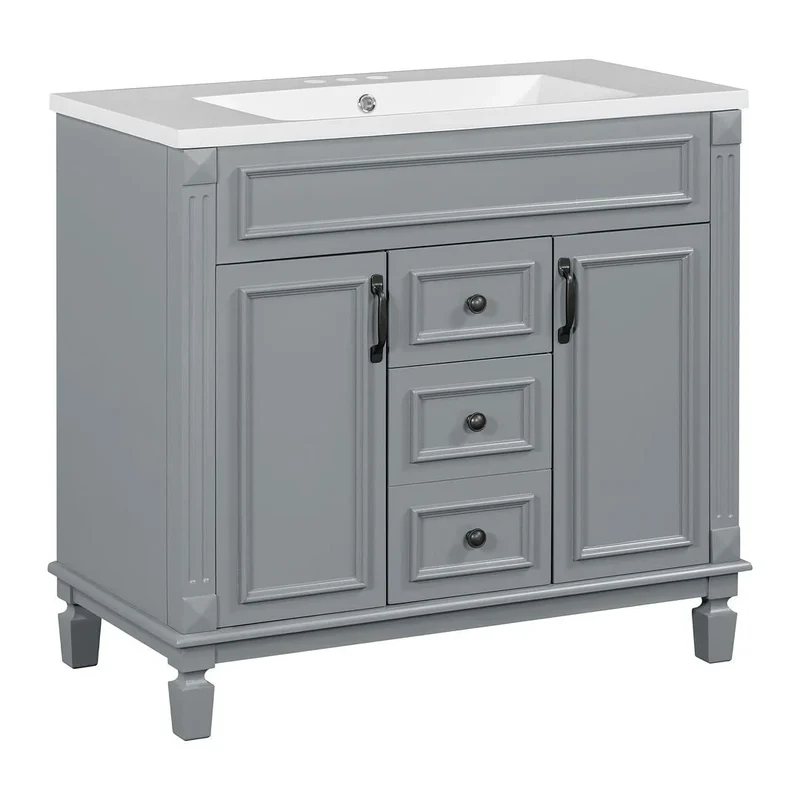 Meuble-lavabo de salle de bain moderne de 91 cm avec lavabo et armoire de toilette, 2 portes et 2 tiroirs