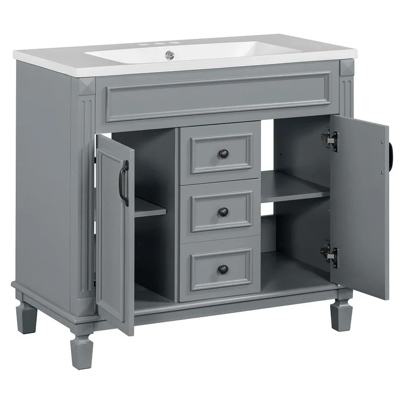 Meuble-lavabo de salle de bain moderne de 91 cm avec lavabo et armoire de toilette, 2 portes et 2 tiroirs