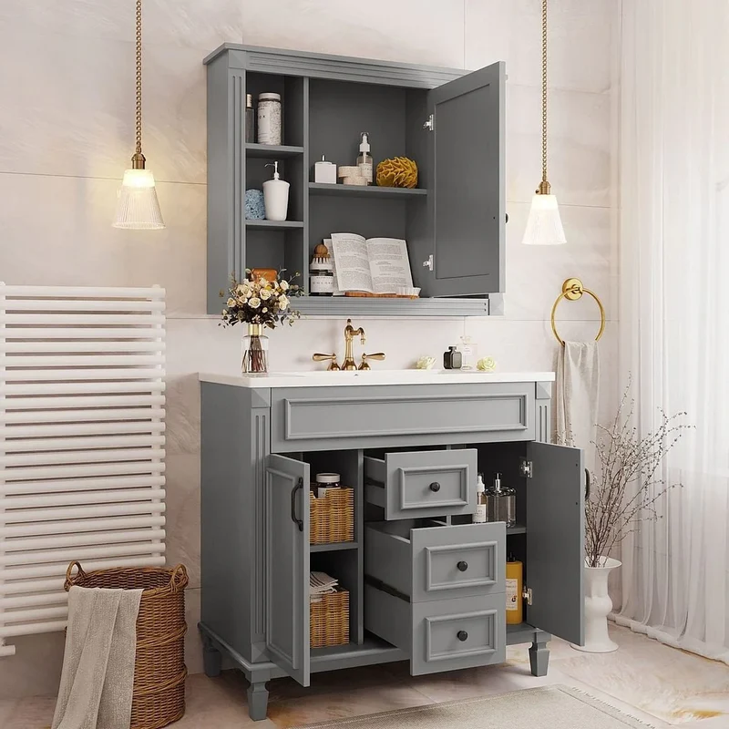 Meuble-lavabo de salle de bain moderne de 91 cm avec lavabo et armoire de toilette, 2 portes et 2 tiroirs