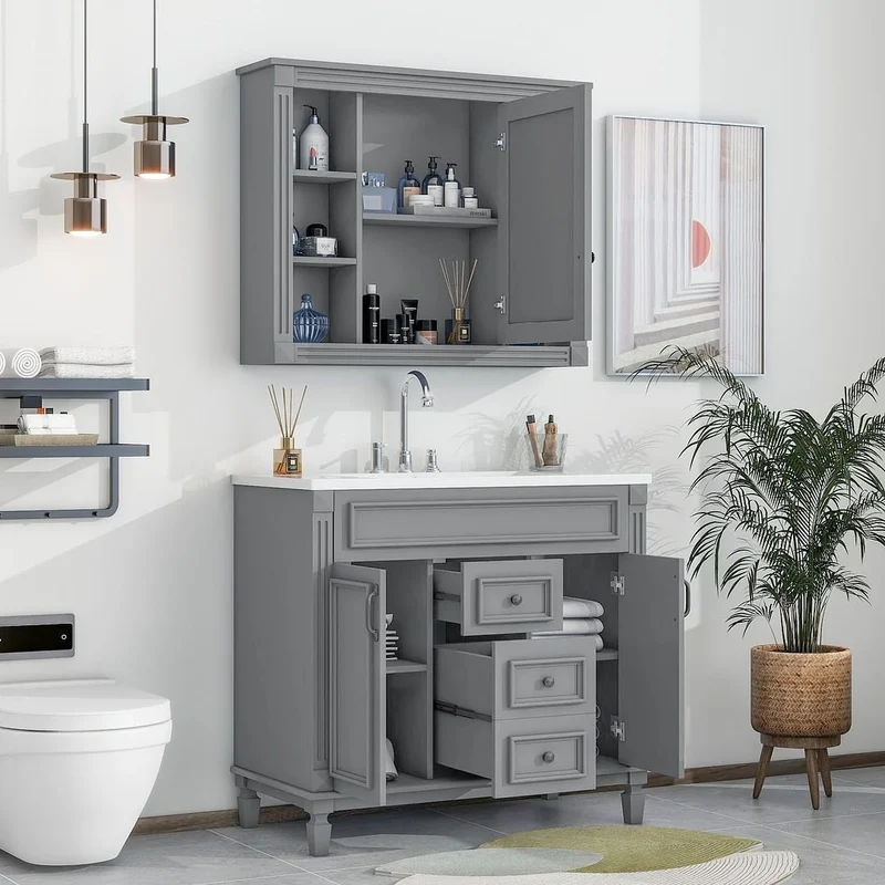 Meuble-lavabo de salle de bain moderne de 91 cm avec lavabo et armoire de toilette, 2 portes et 2 tiroirs