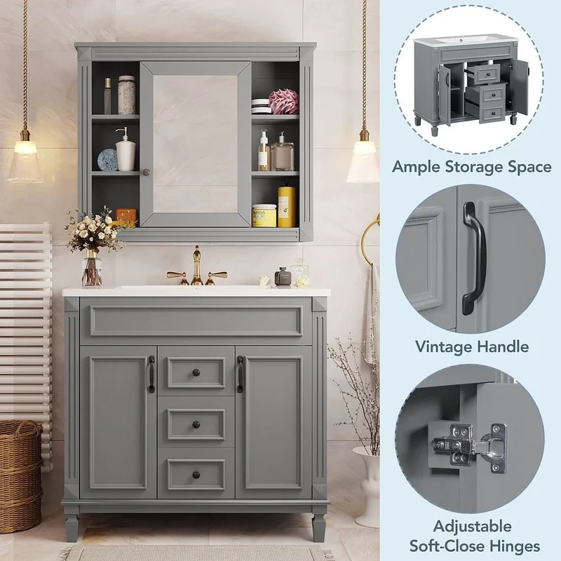 Meuble-lavabo de salle de bain moderne de 91 cm avec lavabo et armoire de toilette, 2 portes et 2 tiroirs