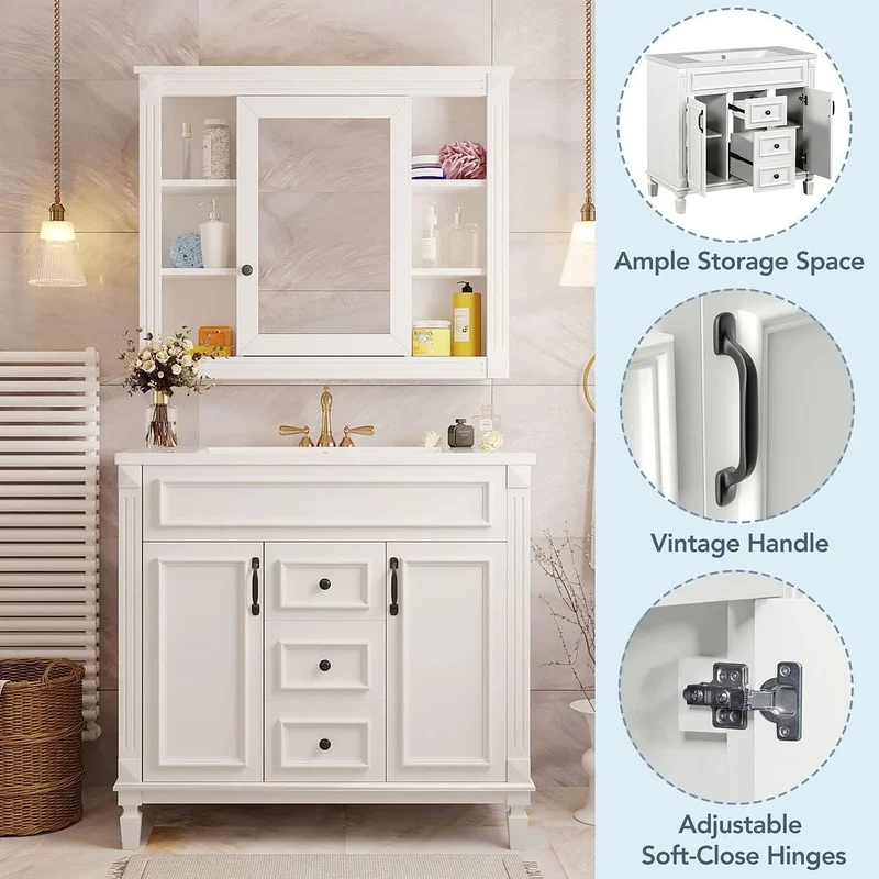 Meuble-lavabo de salle de bain moderne de 91 cm avec lavabo et armoire de toilette, 2 portes et 2 tiroirs