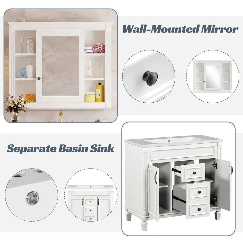 Meuble-lavabo de salle de bain moderne de 91 cm avec lavabo et armoire de toilette, 2 portes et 2 tiroirs
