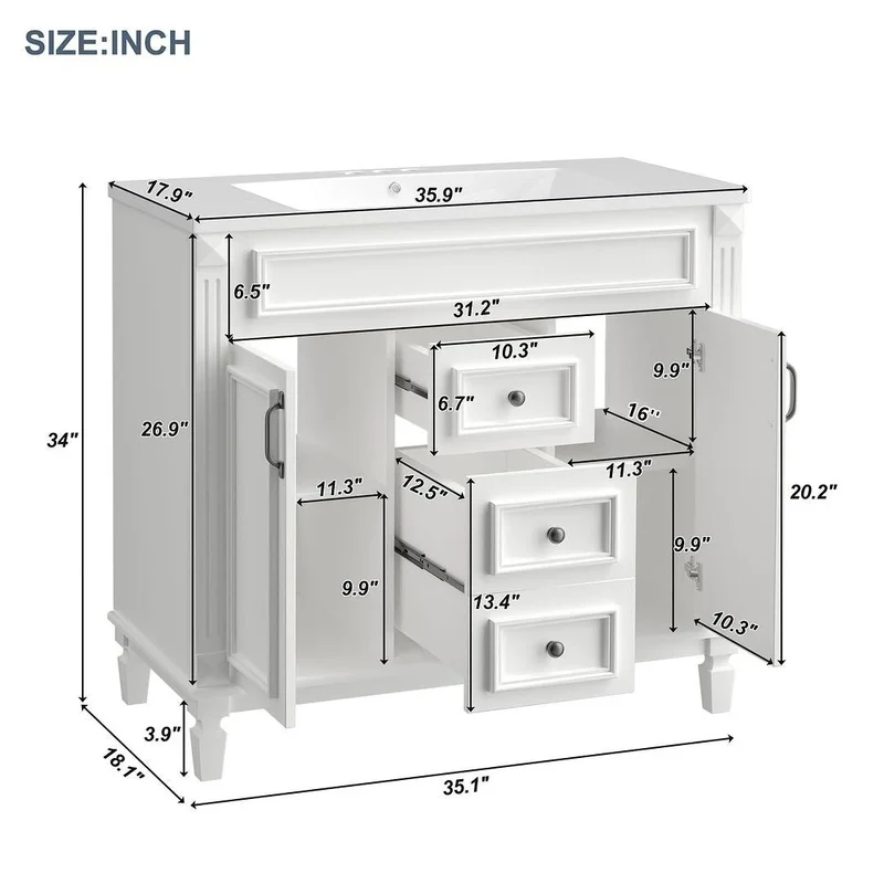 Meuble-lavabo de salle de bain moderne de 91 cm avec lavabo et armoire de toilette, 2 portes et 2 tiroirs