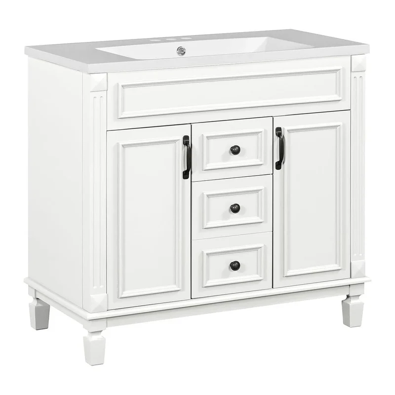Meuble-lavabo de salle de bain moderne de 91 cm avec lavabo et armoire de toilette, 2 portes et 2 tiroirs