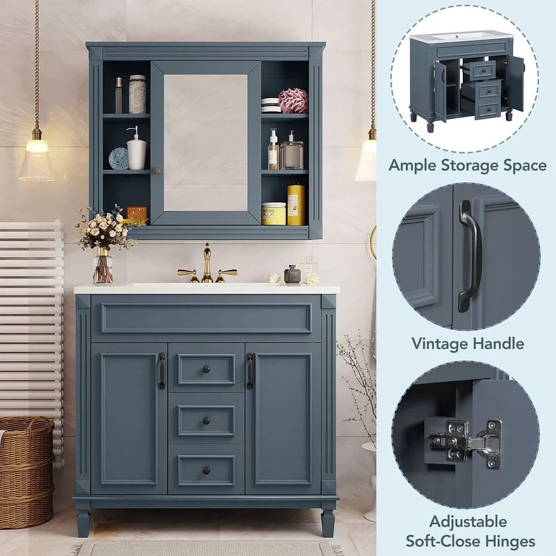 Meuble-lavabo de salle de bain moderne de 91 cm avec lavabo et armoire de toilette, 2 portes et 2 tiroirs