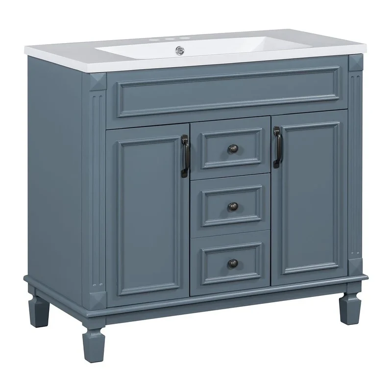 Meuble-lavabo de salle de bain moderne de 91 cm avec lavabo et armoire de toilette, 2 portes et 2 tiroirs