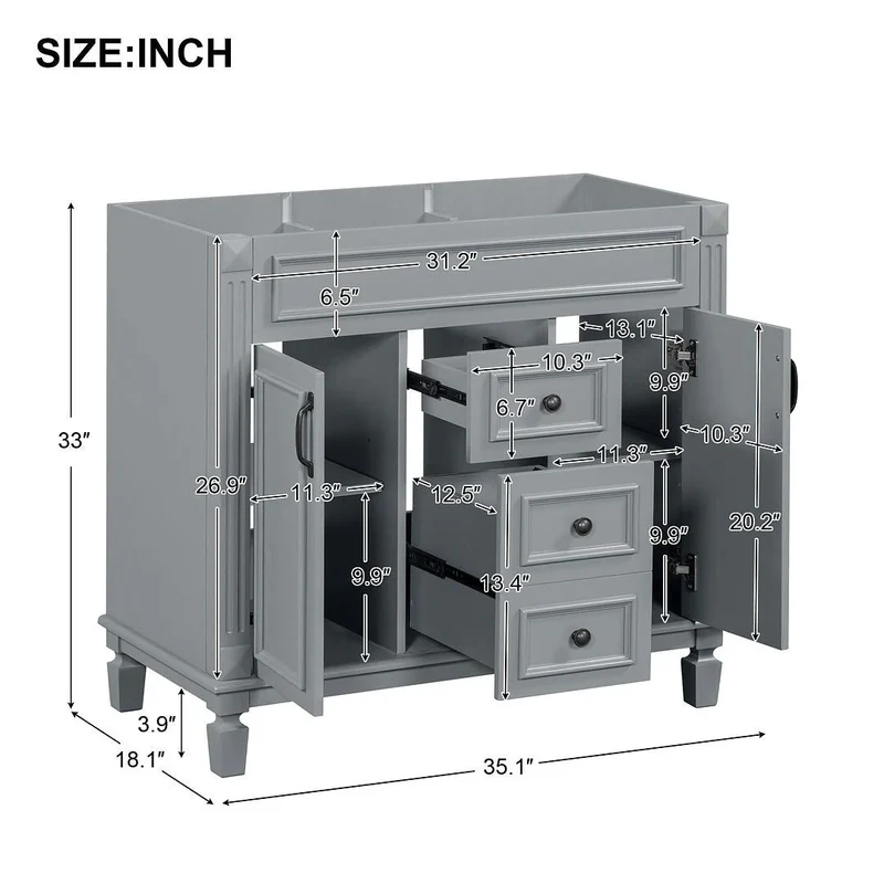 Meuble-lavabo de salle de bain moderne de 91 cm avec lavabo et armoire de toilette, 2 portes et 2 tiroirs