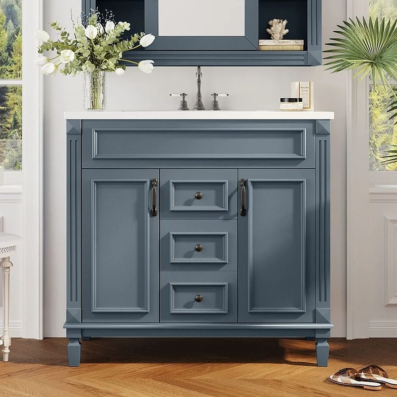 Meuble-lavabo de salle de bain moderne de 91 cm avec lavabo et armoire de toilette, 2 portes et 2 tiroirs