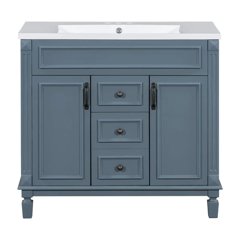 Meuble-lavabo de salle de bain moderne de 91 cm avec lavabo et armoire de toilette, 2 portes et 2 tiroirs
