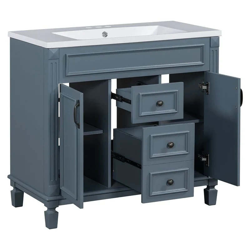 Meuble-lavabo de salle de bain moderne de 91 cm avec lavabo et armoire de toilette, 2 portes et 2 tiroirs