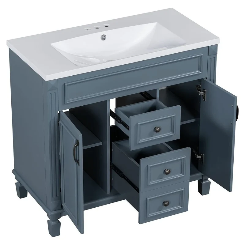 Meuble-lavabo de salle de bain moderne de 91 cm avec lavabo et armoire de toilette, 2 portes et 2 tiroirs