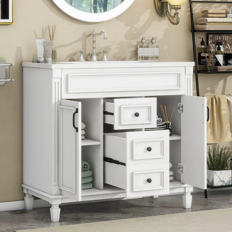 Meuble-lavabo de salle de bain moderne de 91 cm avec lavabo et armoire de toilette, 2 portes et 2 tiroirs