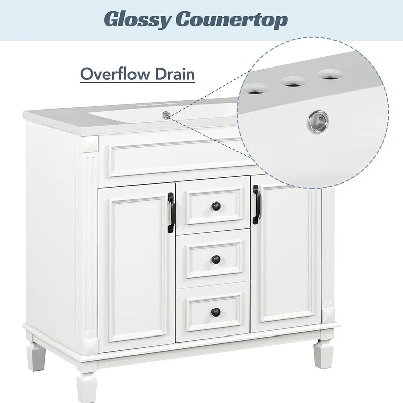 Meuble-lavabo de salle de bain moderne de 91 cm avec lavabo et armoire de toilette, 2 portes et 2 tiroirs
