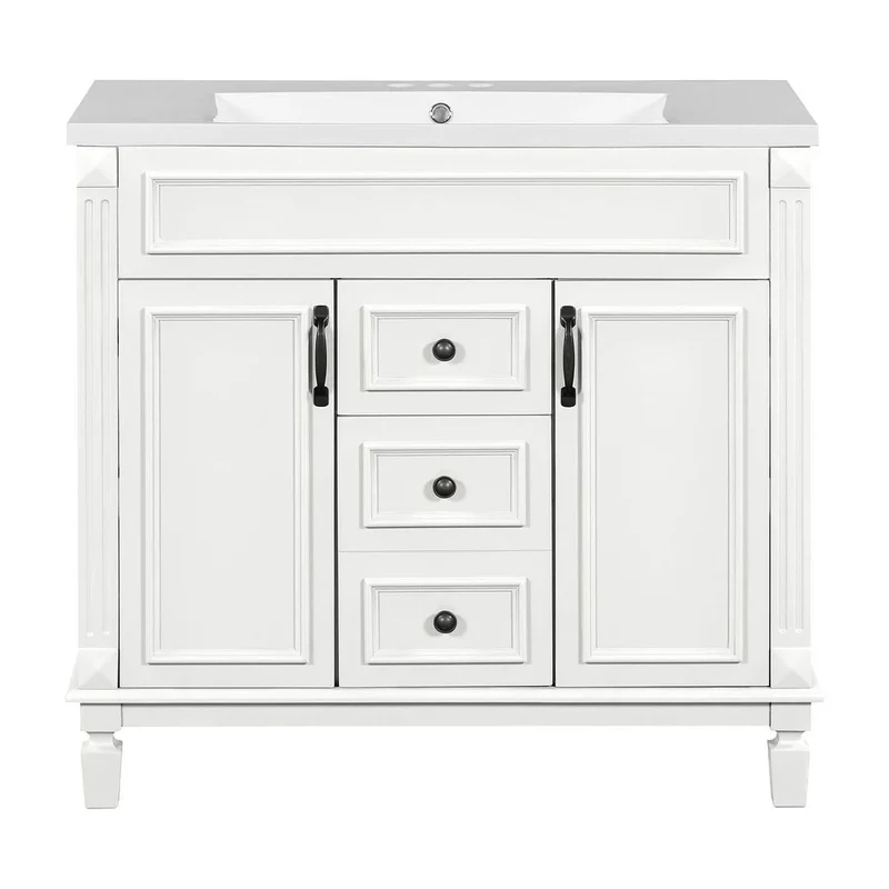 Meuble-lavabo de salle de bain moderne de 91 cm avec lavabo et armoire de toilette, 2 portes et 2 tiroirs